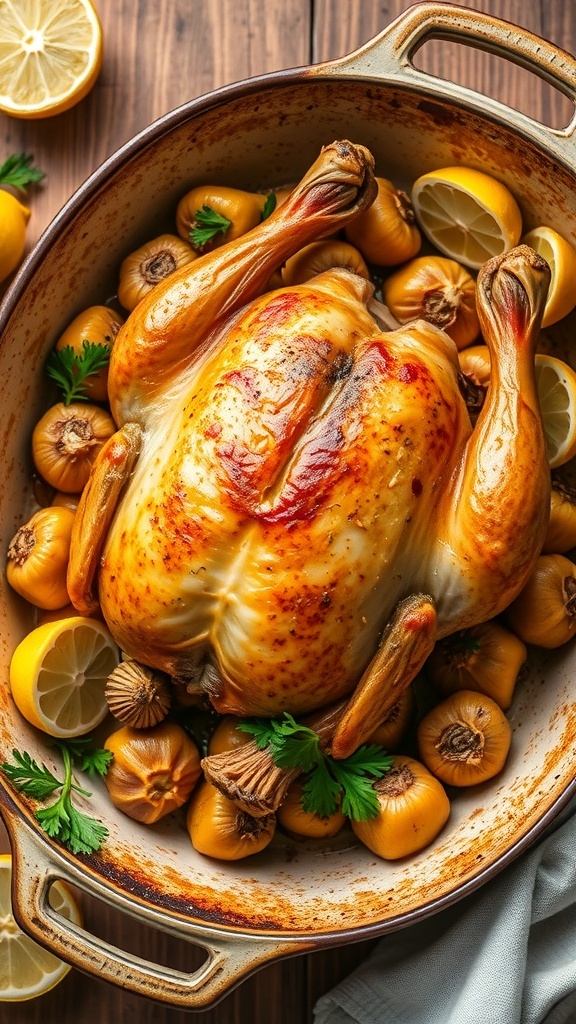 Roasted chicken with 40 cloves of garlic, garnished with parsley and lemon, in a rustic baking dish.